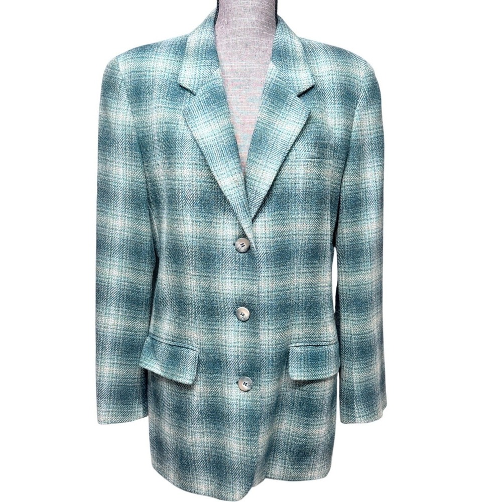 Vtg 90s Liz Claiborne Blazer Womens 10 Teal Plaid Wool Oversized Jacket Academia